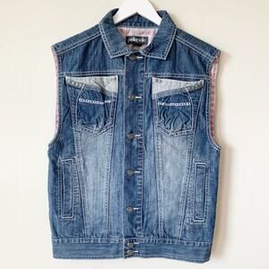 Vintage Y2K Pelle Pelle Jean Vest Size M Denim Acid Wash Flannel Lined Skull